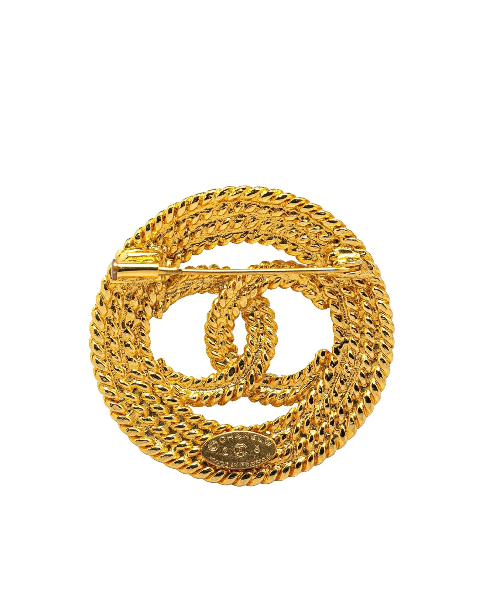 Gold Plated CC Round Brooch with Back Pin Closure