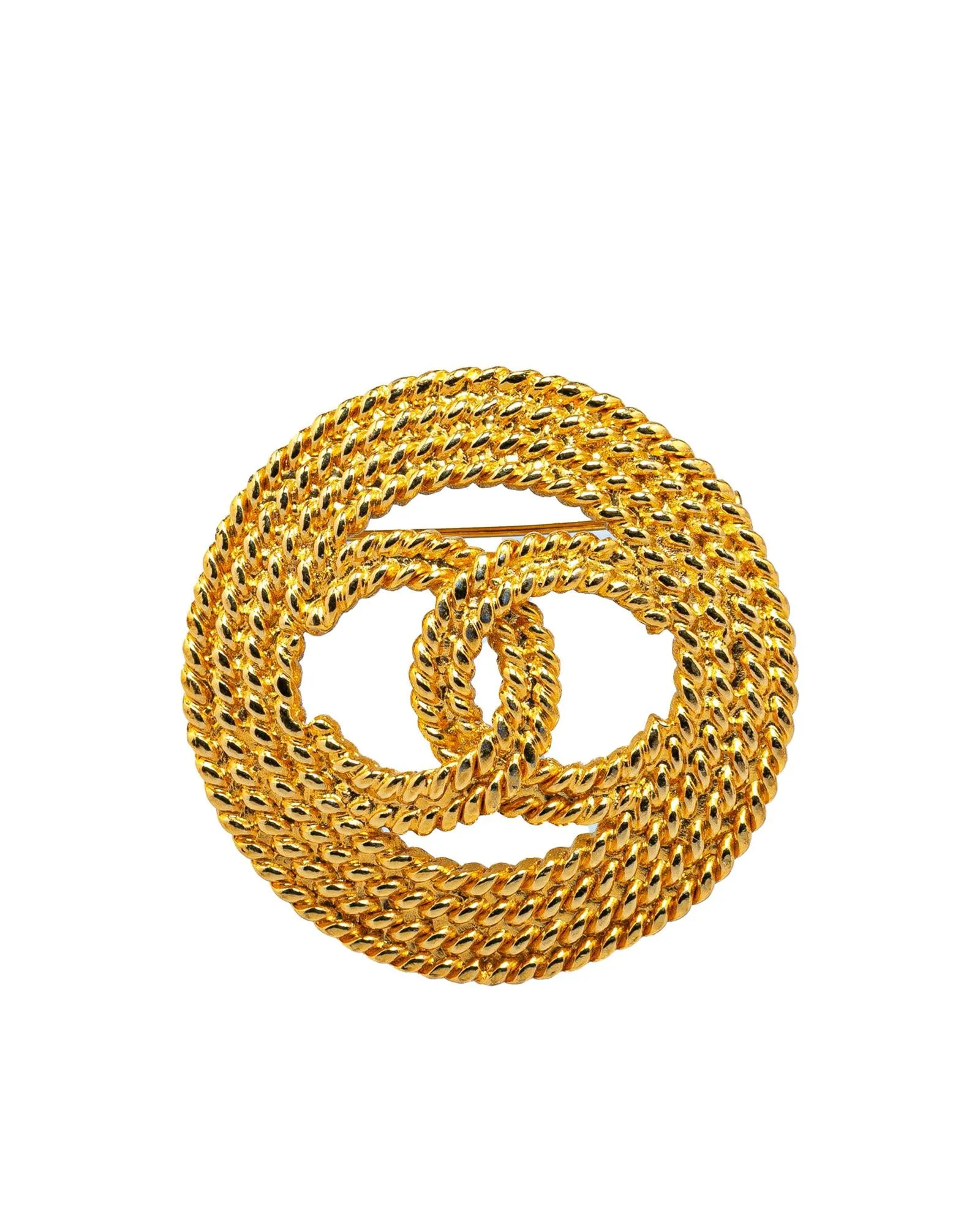 Gold Plated CC Round Brooch with Back Pin Closure