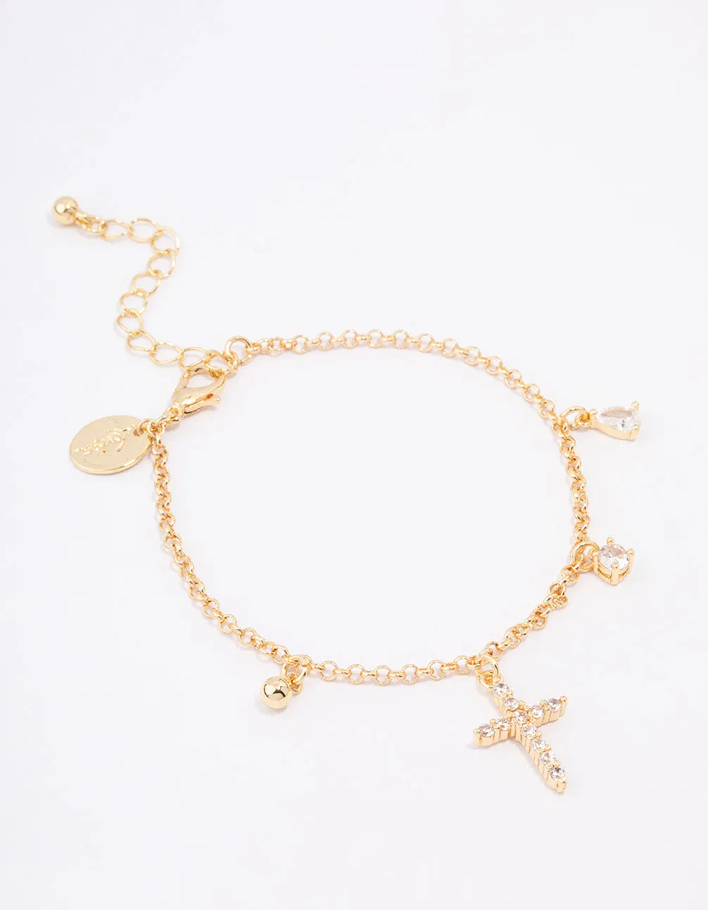 Gold Plated Cubic Zircona Cross Charm Bracelet