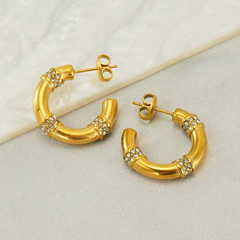 Gold-Plated Rhinestone Hoop Earrings – Trendy Geometric Design for Women