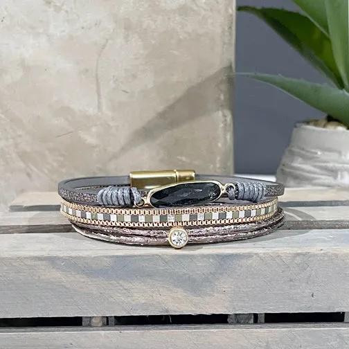 Gray Ovalstone Gold Leather Wrap Bracelet