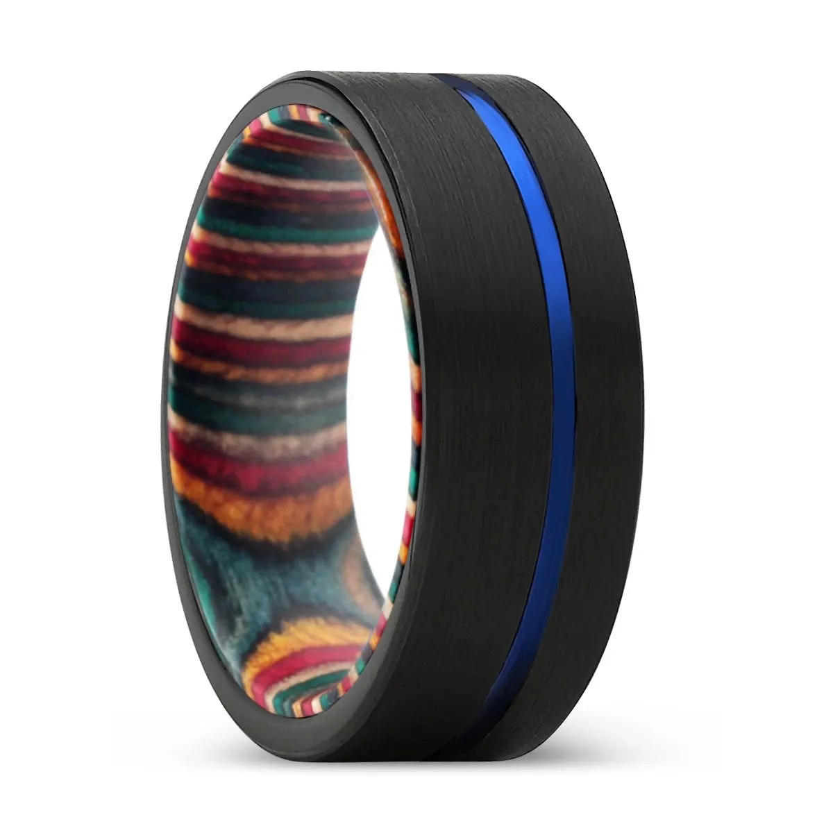 GUST | Multi Color Wood, Black Tungsten Ring, Blue Offset Groove, Flat