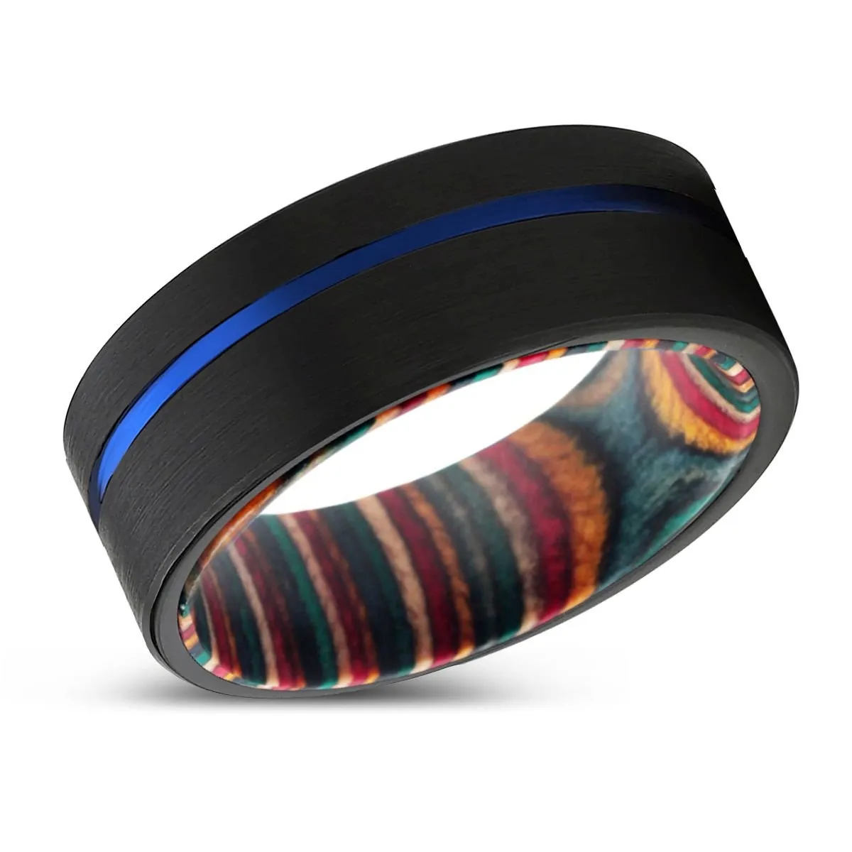 GUST | Multi Color Wood, Black Tungsten Ring, Blue Offset Groove, Flat