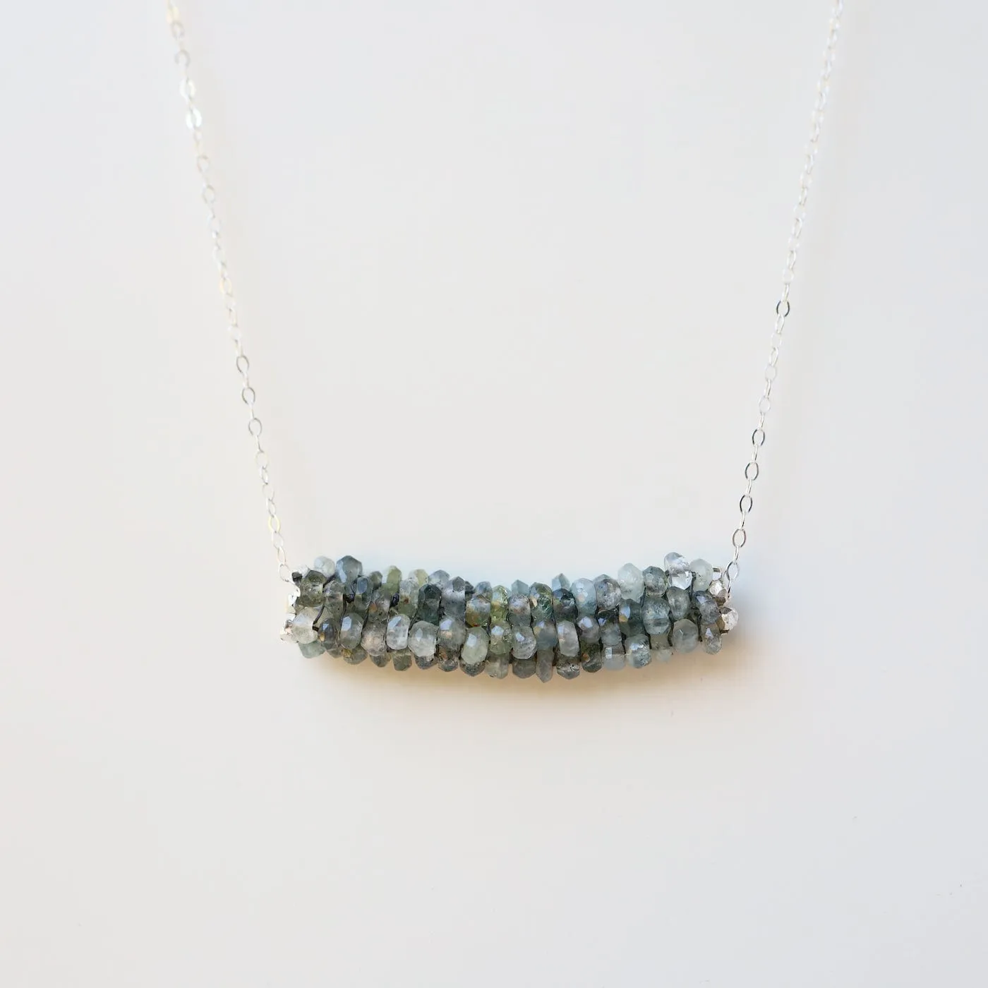 Hand Stitched Moss Aquamarine Necklace with Silver Trim