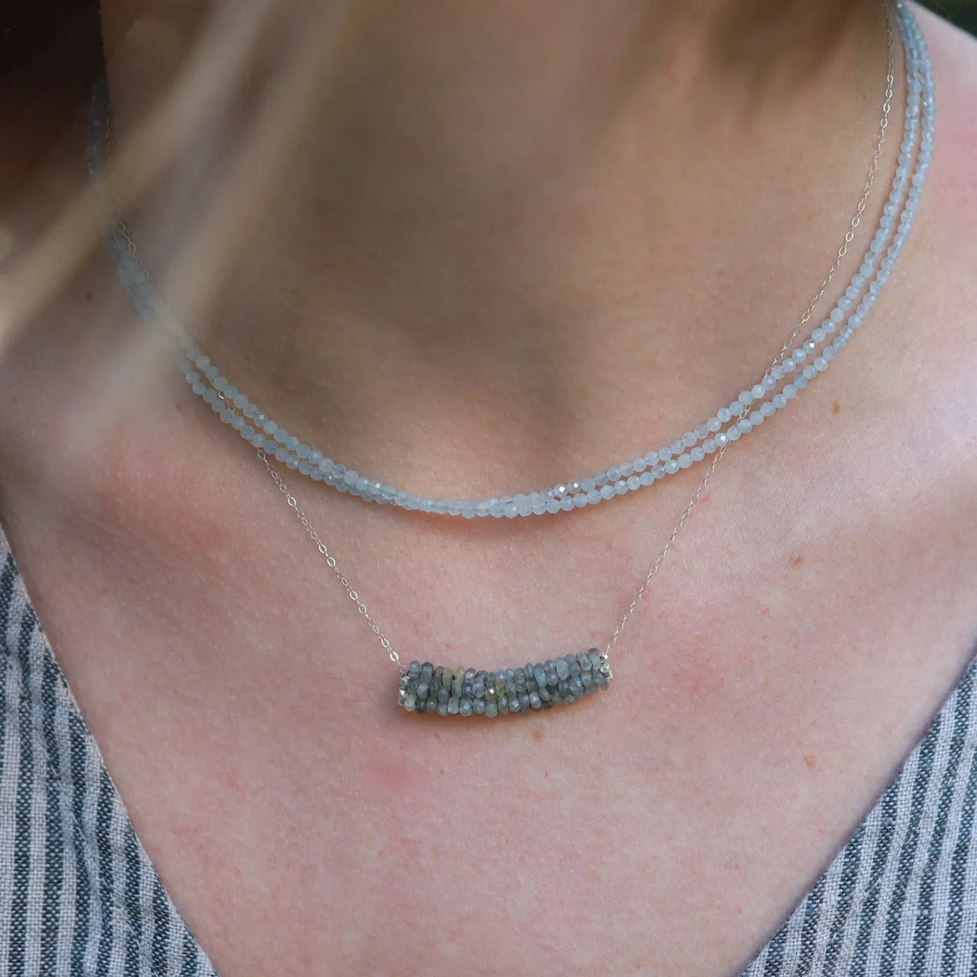 Hand Stitched Moss Aquamarine Necklace with Silver Trim