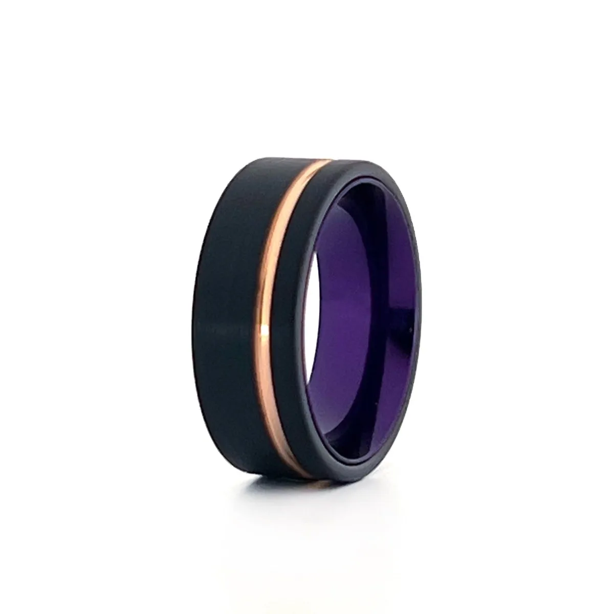 HARMONY | Purple Ring, Black Tungsten Ring, Rose Gold Offset Groove, Brushed, Flat