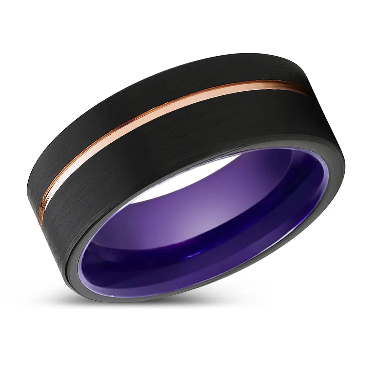 HARMONY | Purple Ring, Black Tungsten Ring, Rose Gold Offset Groove, Brushed, Flat