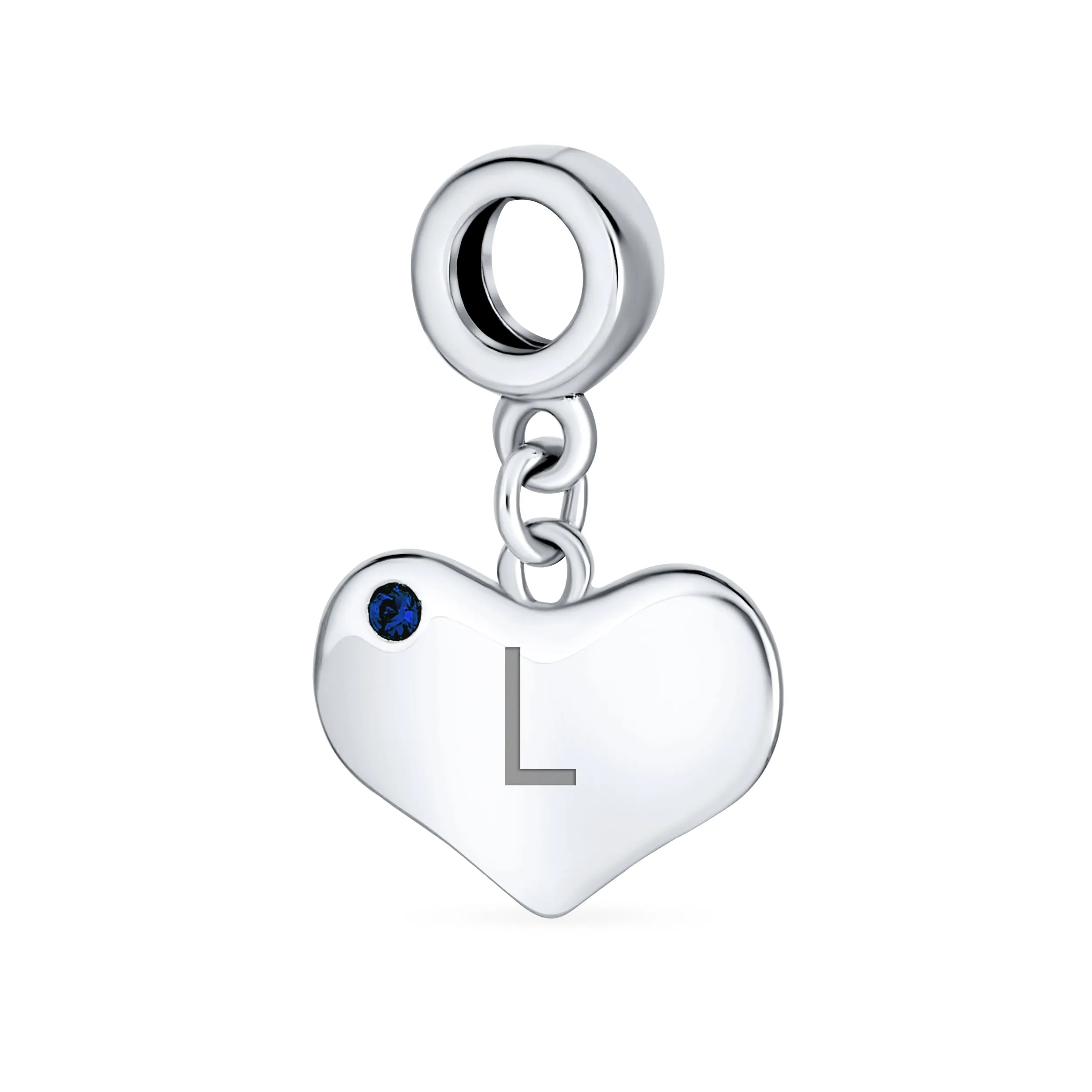 Initial Alphabet Bead Charm Blue Sapphire Heart Dangle for Sterling Silver Bracelet