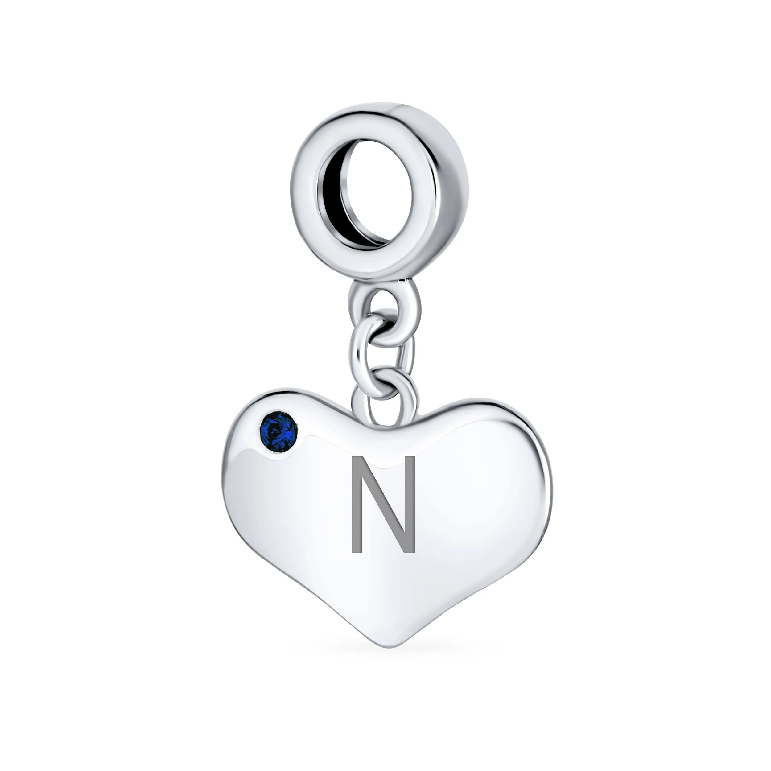 Initial Alphabet Bead Charm Blue Sapphire Heart Dangle for Sterling Silver Bracelet