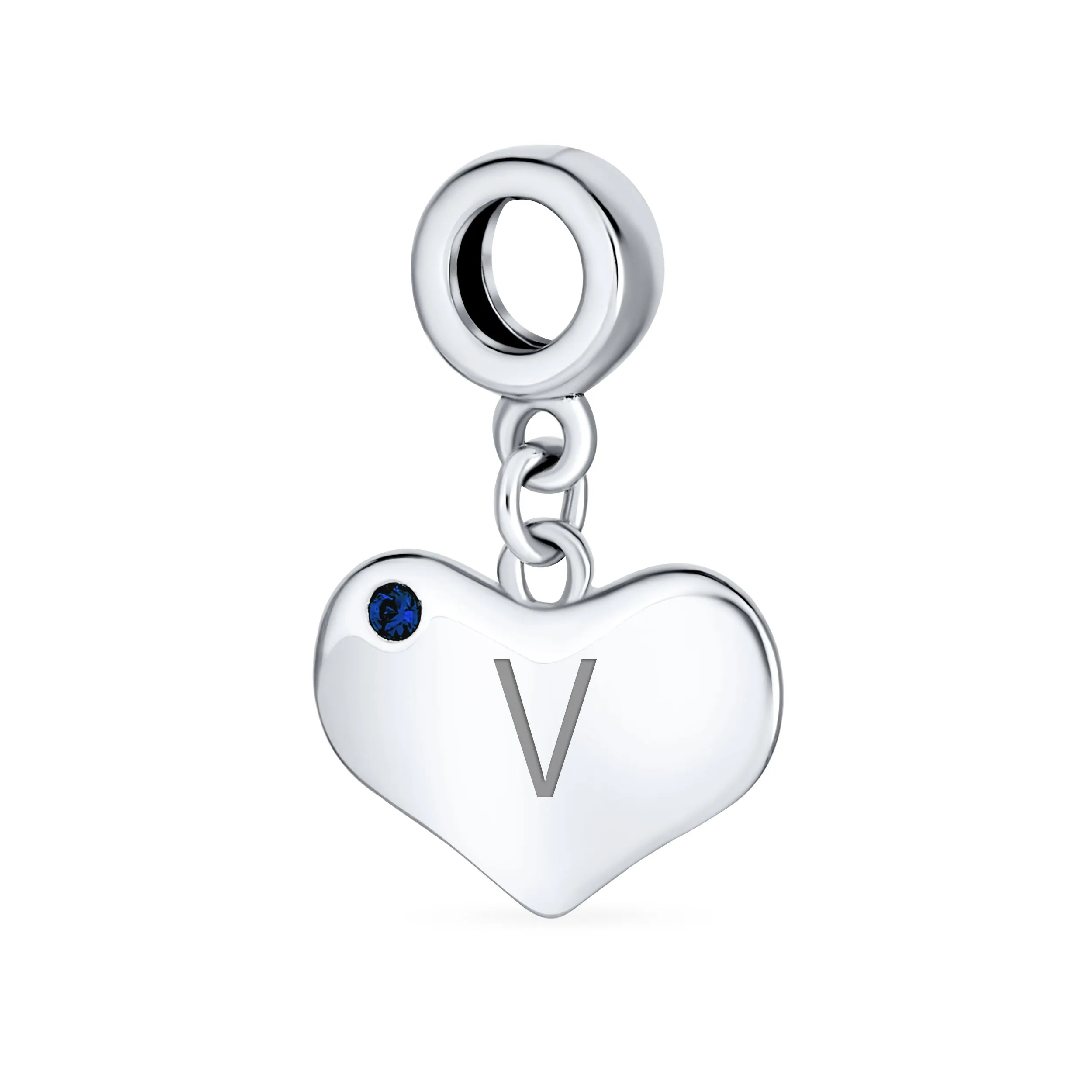 Initial Alphabet Bead Charm Blue Sapphire Heart Dangle for Sterling Silver Bracelet