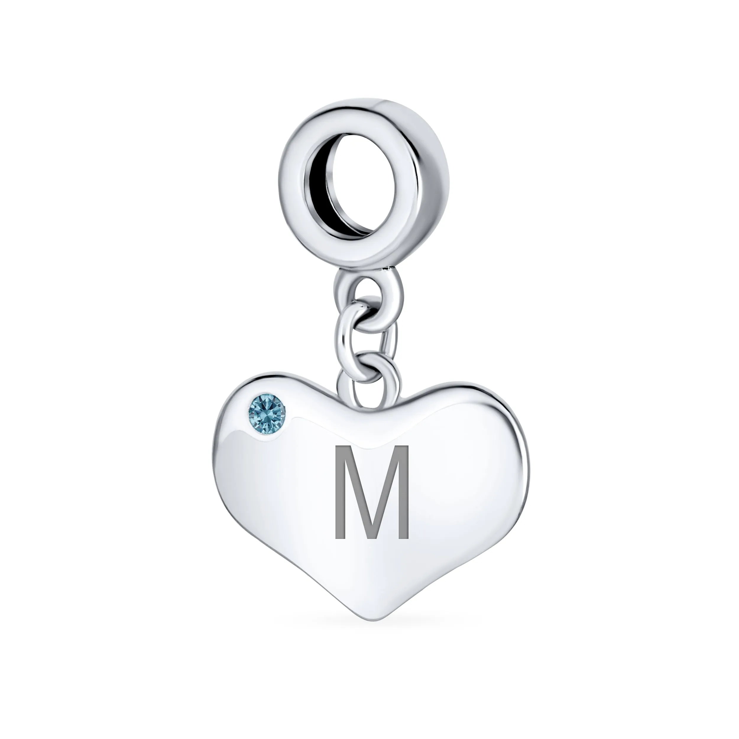 Initial Alphabet Bead Charm Blue Topaz Heart Dangle for Sterling Silver Bracelet