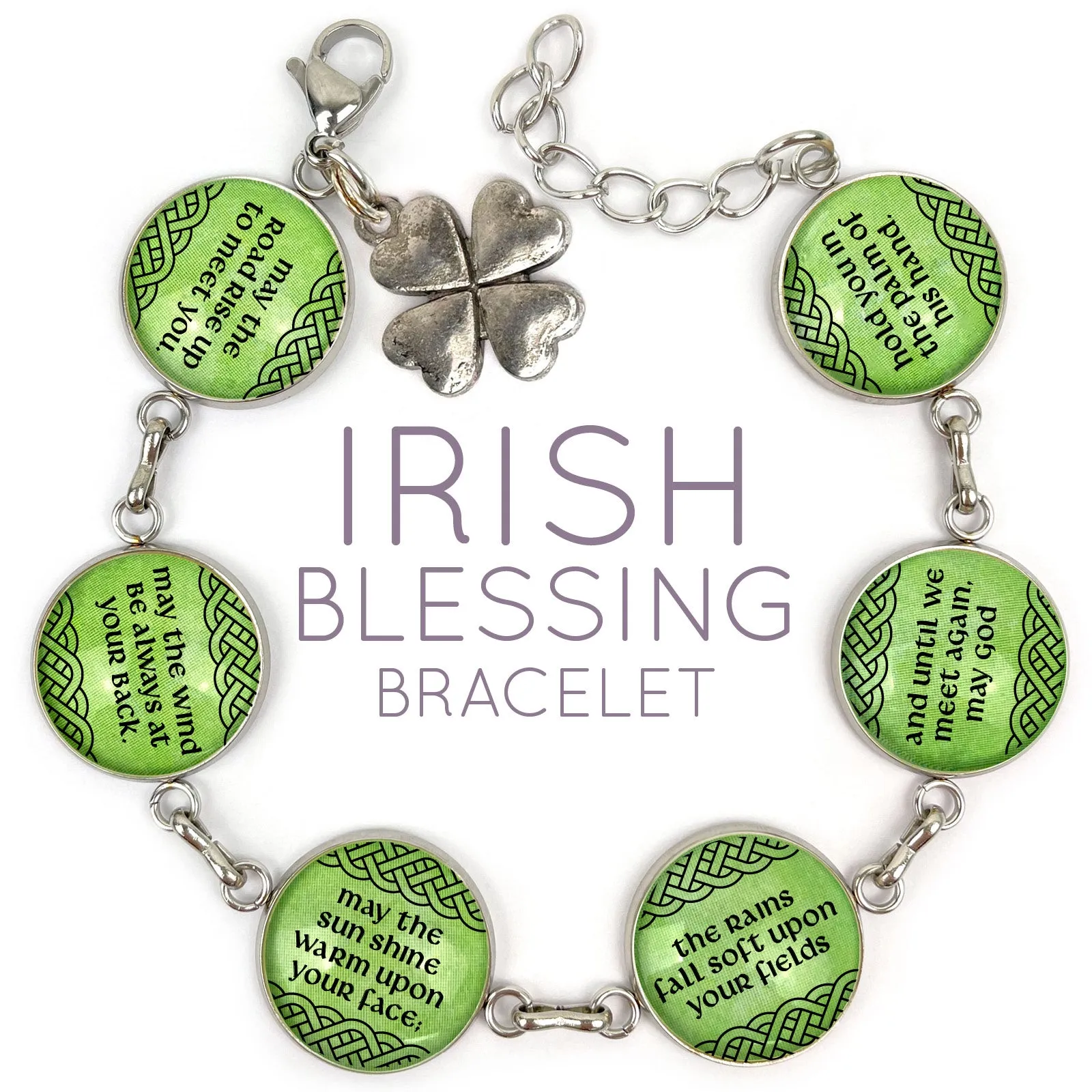 Irish Blessing Charm Bracelet – Stainless Steel or Silver-Plated Bracelet with Celtic Rose Design