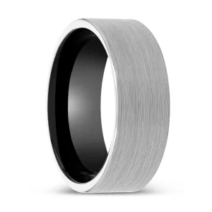 JADEN | Black Ring, White Tungsten Ring, Brushed, Flat