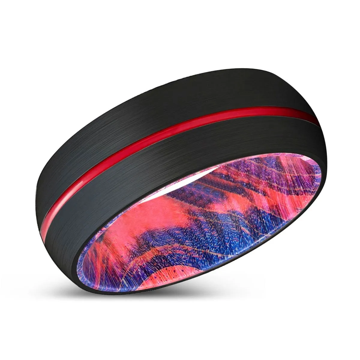 JAX | Blue & Red Wood, Black Tungsten Ring, Red Groove, Domed