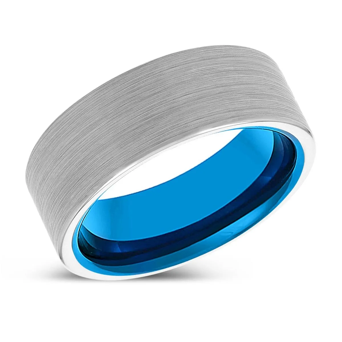 KADEN | Blue Tungsten Ring, White Tungsten Ring, Brushed, Flat