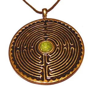 Labyrinth Peace Bronze Pendant Necklace with 6mm Peridot Stone on Adjustable Natural Fiber Cord (Wholesale)