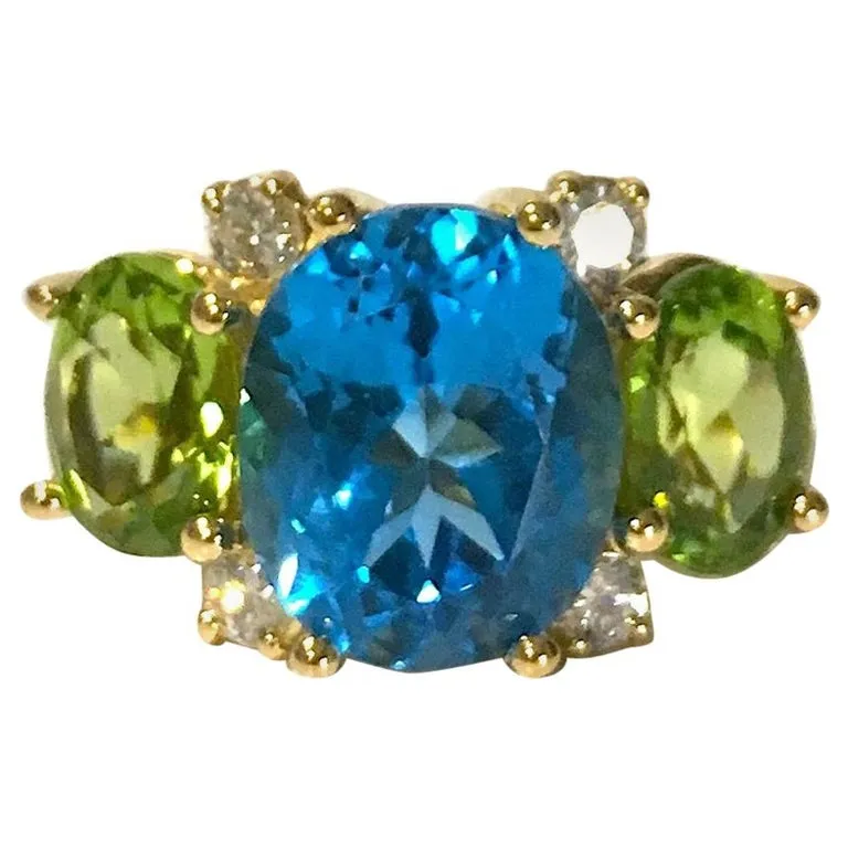 Large 18kt Yellow Gold GUM DROP™ Ring with Blue Topaz and Peridot