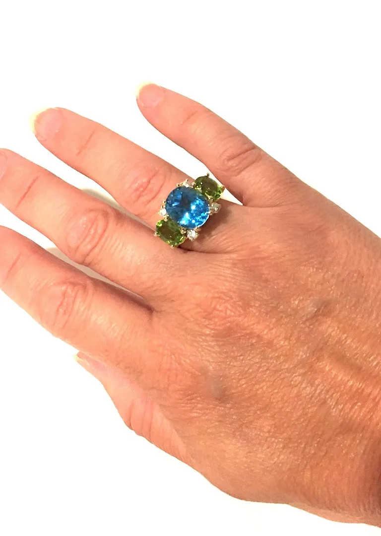 Large 18kt Yellow Gold GUM DROP™ Ring with Blue Topaz and Peridot