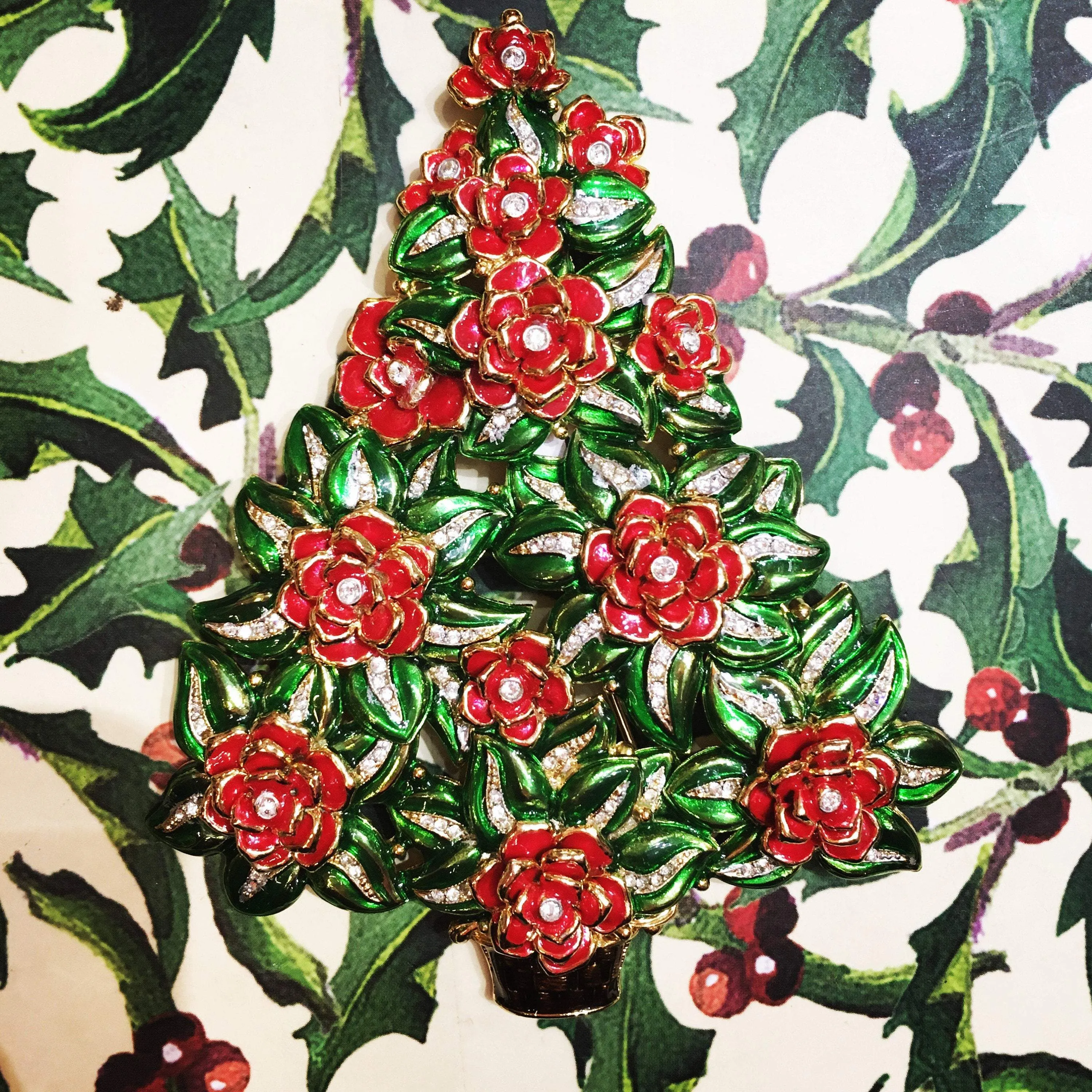 Large Christmas Tree brooch by Cristobal London Enamel Crystal