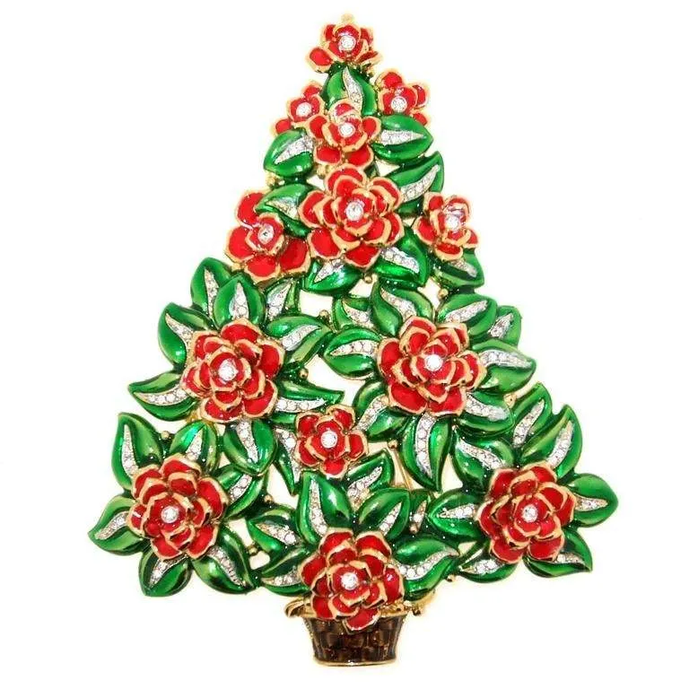 Large Christmas Tree brooch by Cristobal London Enamel Crystal