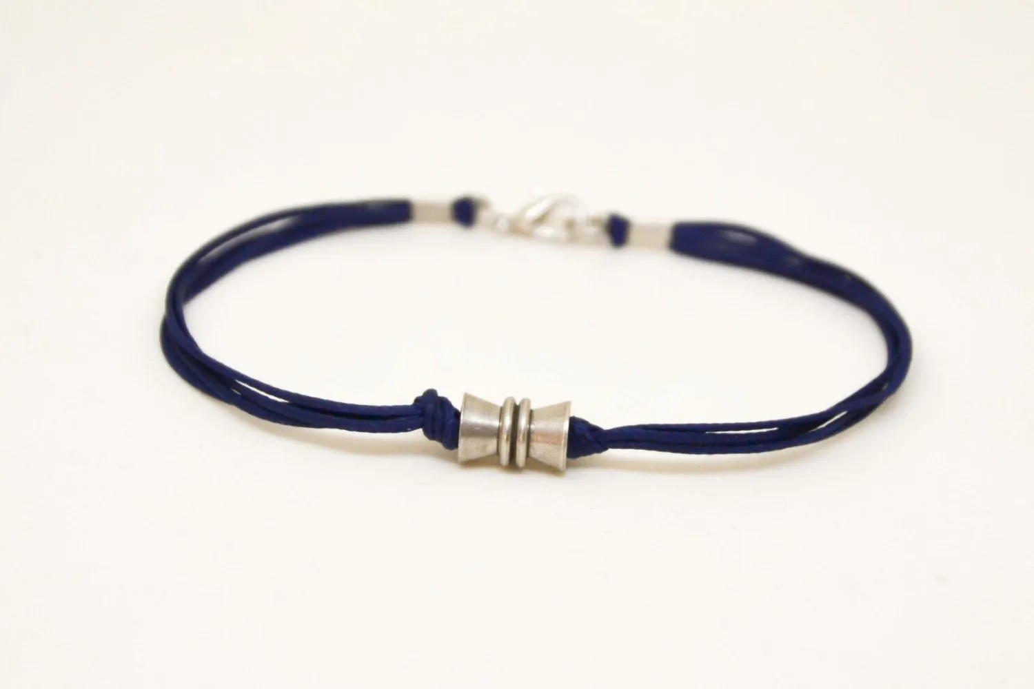 Men's bracelet with a silver bead charm and a blue cord, gift for him