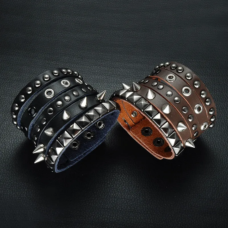 Metal Studs, Spikes and Pyramid Studs Leather Bracelet