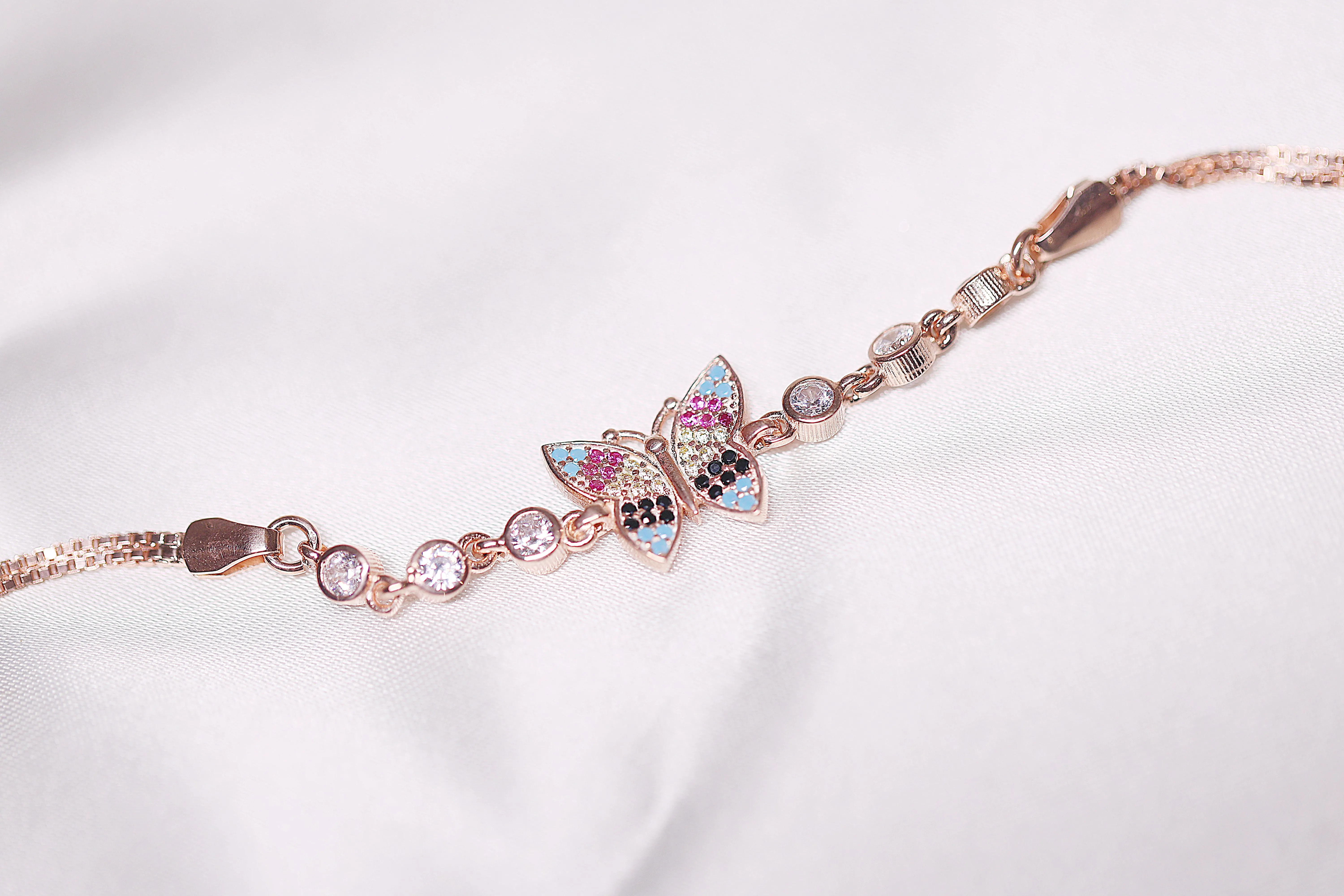 Multi colour butterfly rose gold bracelet