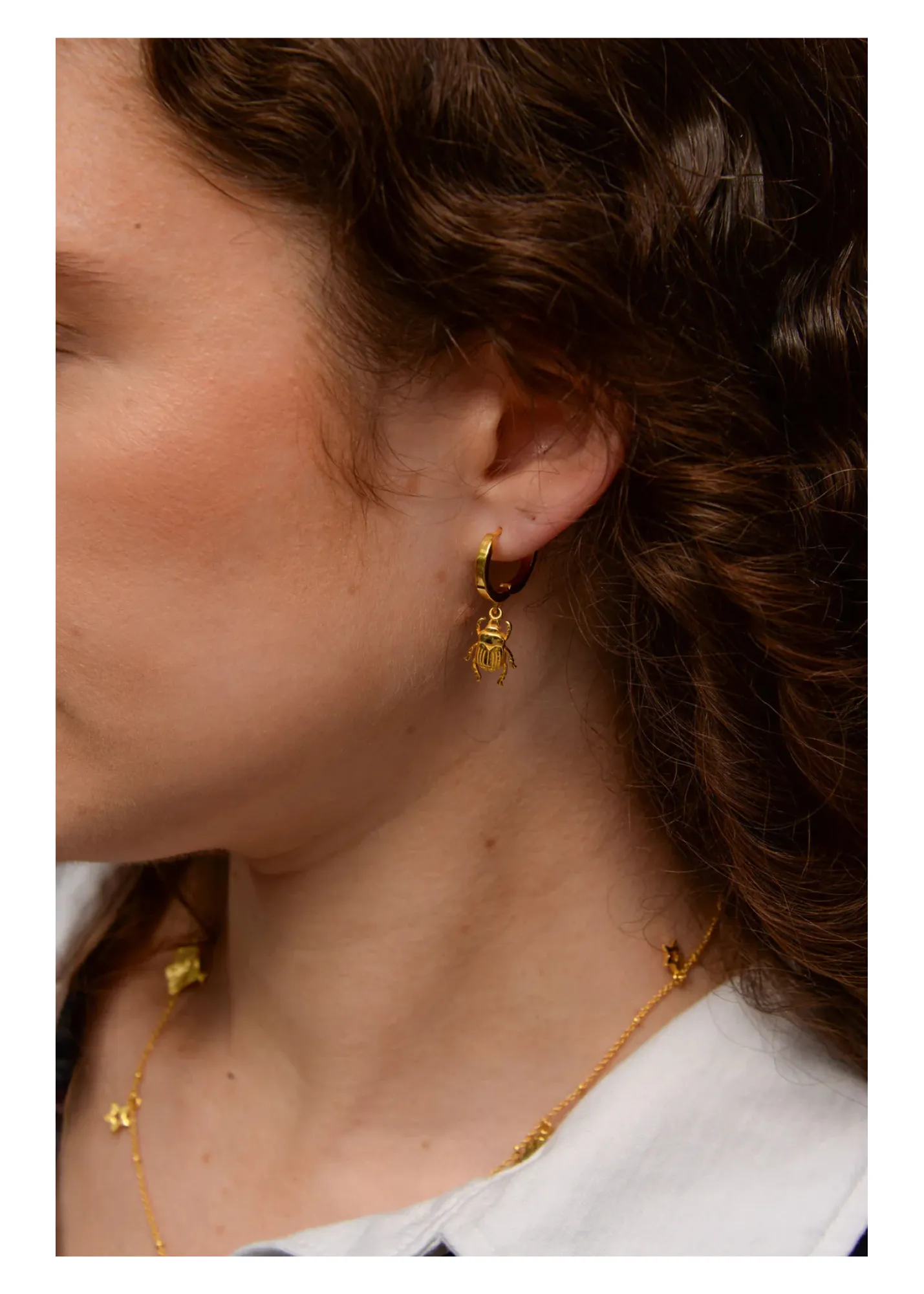 My Doris - Gold Beetle Charm Huggie Hoop Earrings