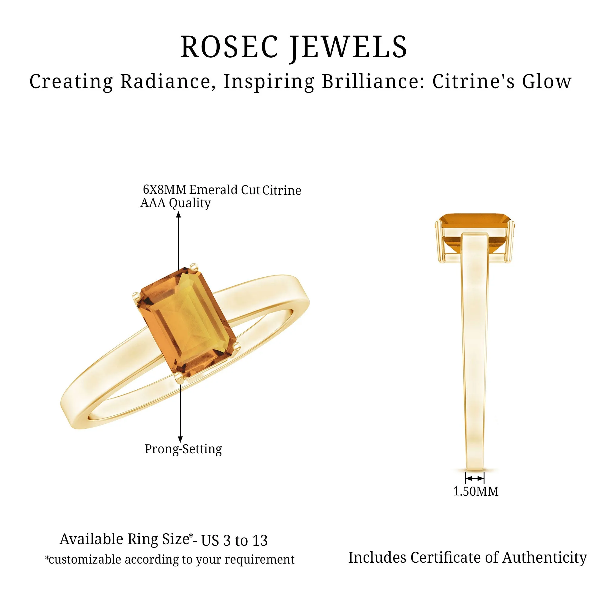 Octagon Cut Citrine November Birthstone Solitaire Ring