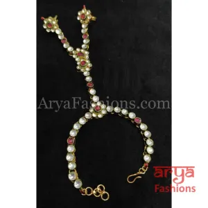 Pearls and Kundan Golden Hathphool with Meenakari and Ruby Stones