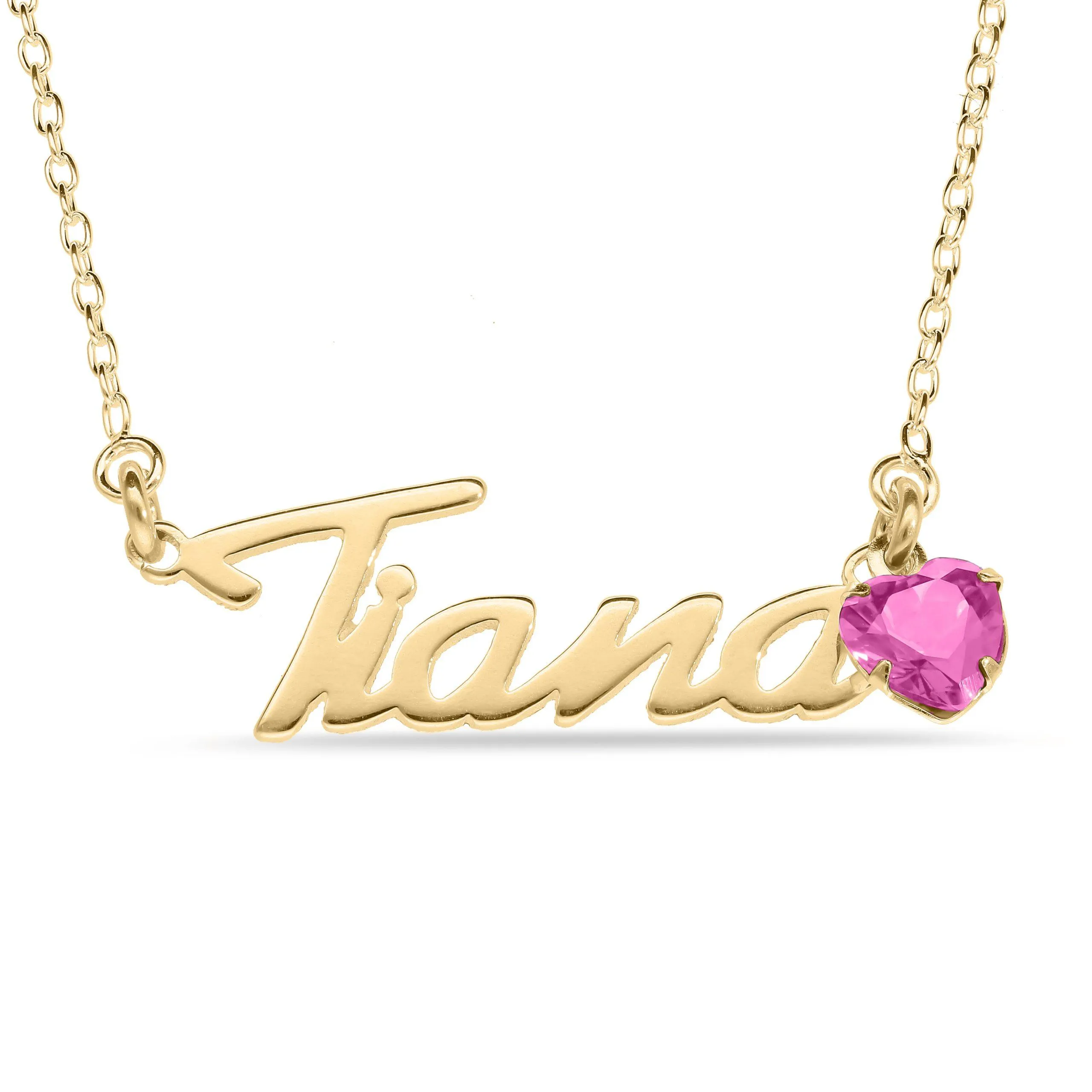 Personalised 9-carat Yellow Gold Name Necklace with a Heart-Shaped Birthstone