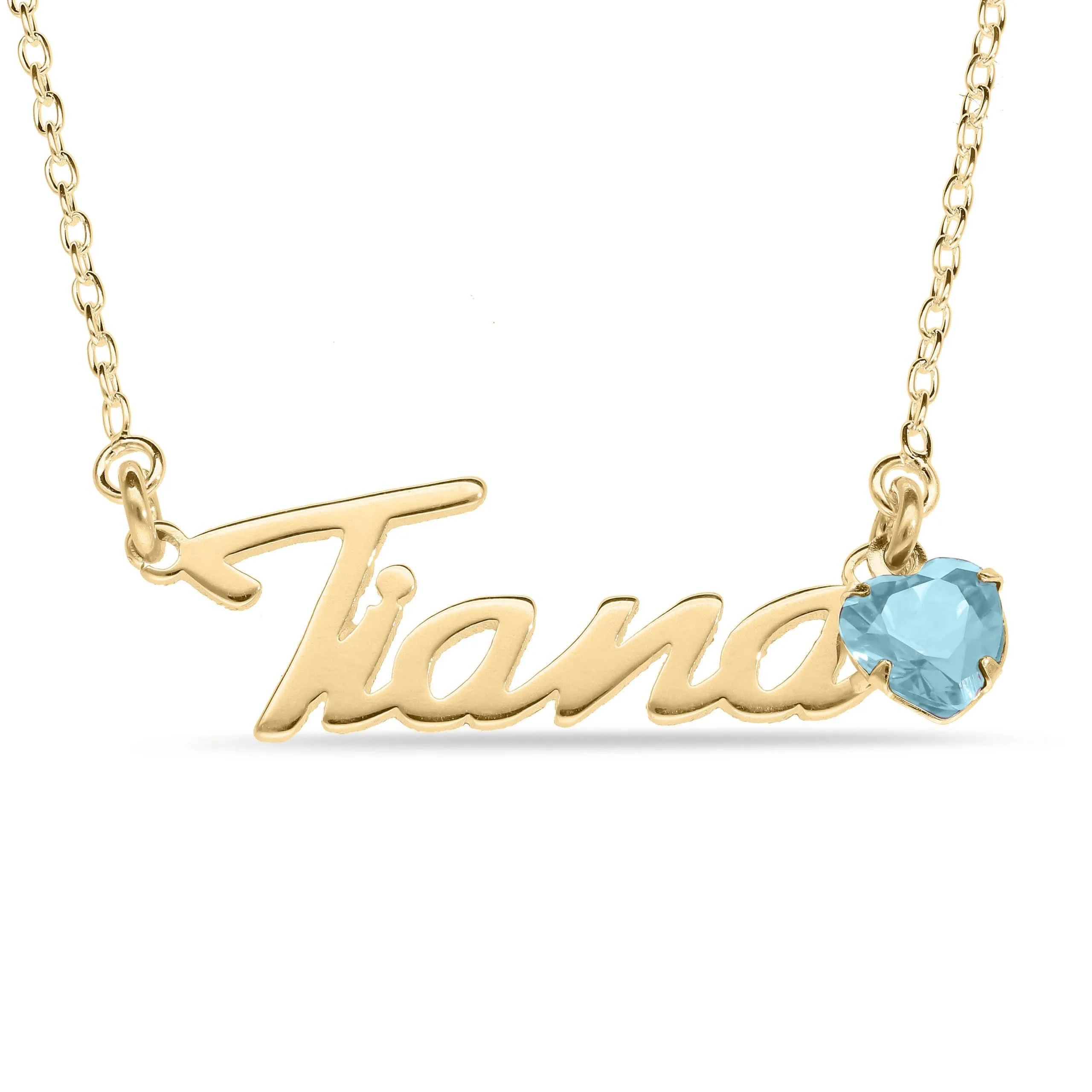 Personalised 9-carat Yellow Gold Name Necklace with a Heart-Shaped Birthstone