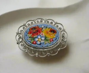 Pretty Vintage Floral Micro Mosaic Vintage Brooch