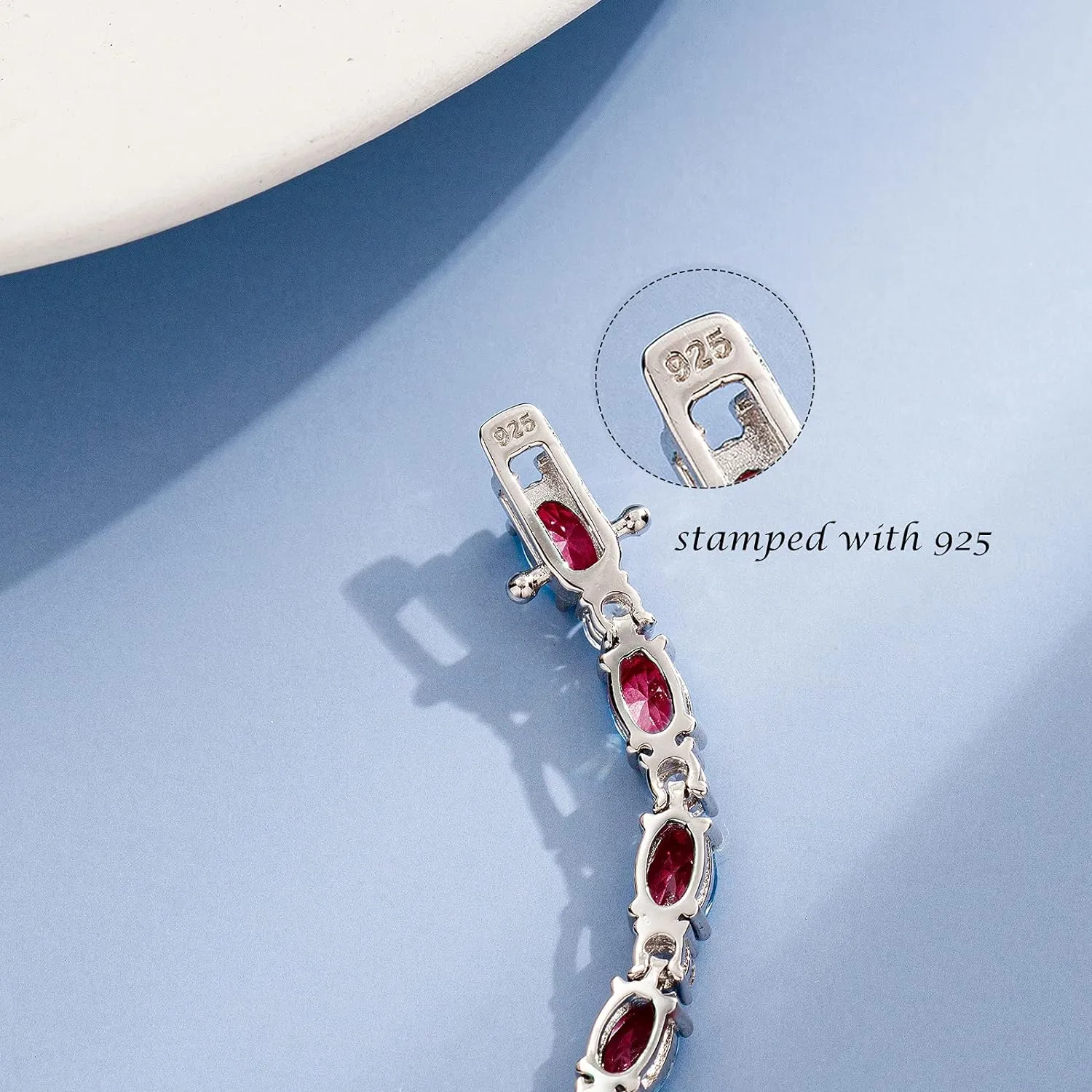 "Glamour Radiance" July Birthstone Fancy Cut Tennis Ruby Sterling Silver Bracelet