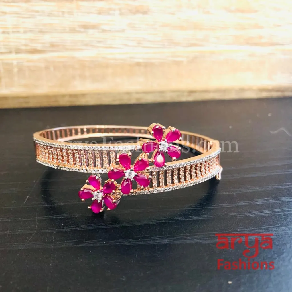 Rashi Rose Gold Ruby Pink Cubic Zirconia Flower Bracelet