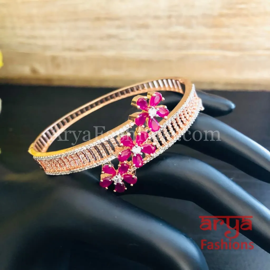 Rashi Rose Gold Ruby Pink Cubic Zirconia Flower Bracelet