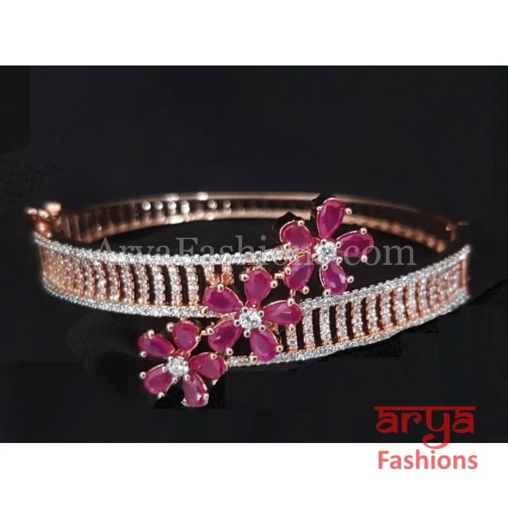 Rashi Rose Gold Ruby Pink Cubic Zirconia Flower Bracelet