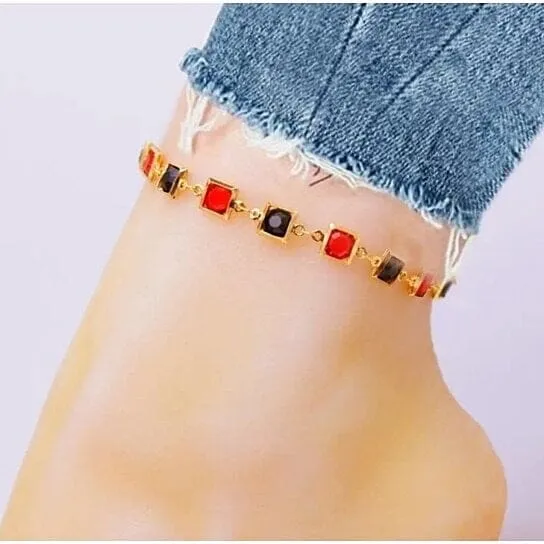 Red And Crystal Square Ankle Bracelet