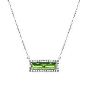 Rhodium Finish Sterling Silver Necklace with Rectangular Simulated Peridot Stone and Simulated Diamonds on 16" - 18" Chain