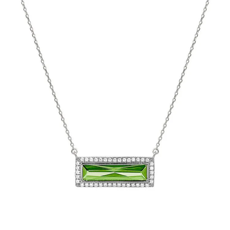 Rhodium Finish Sterling Silver Necklace with Rectangular Simulated Peridot Stone and Simulated Diamonds on 16" - 18" Chain