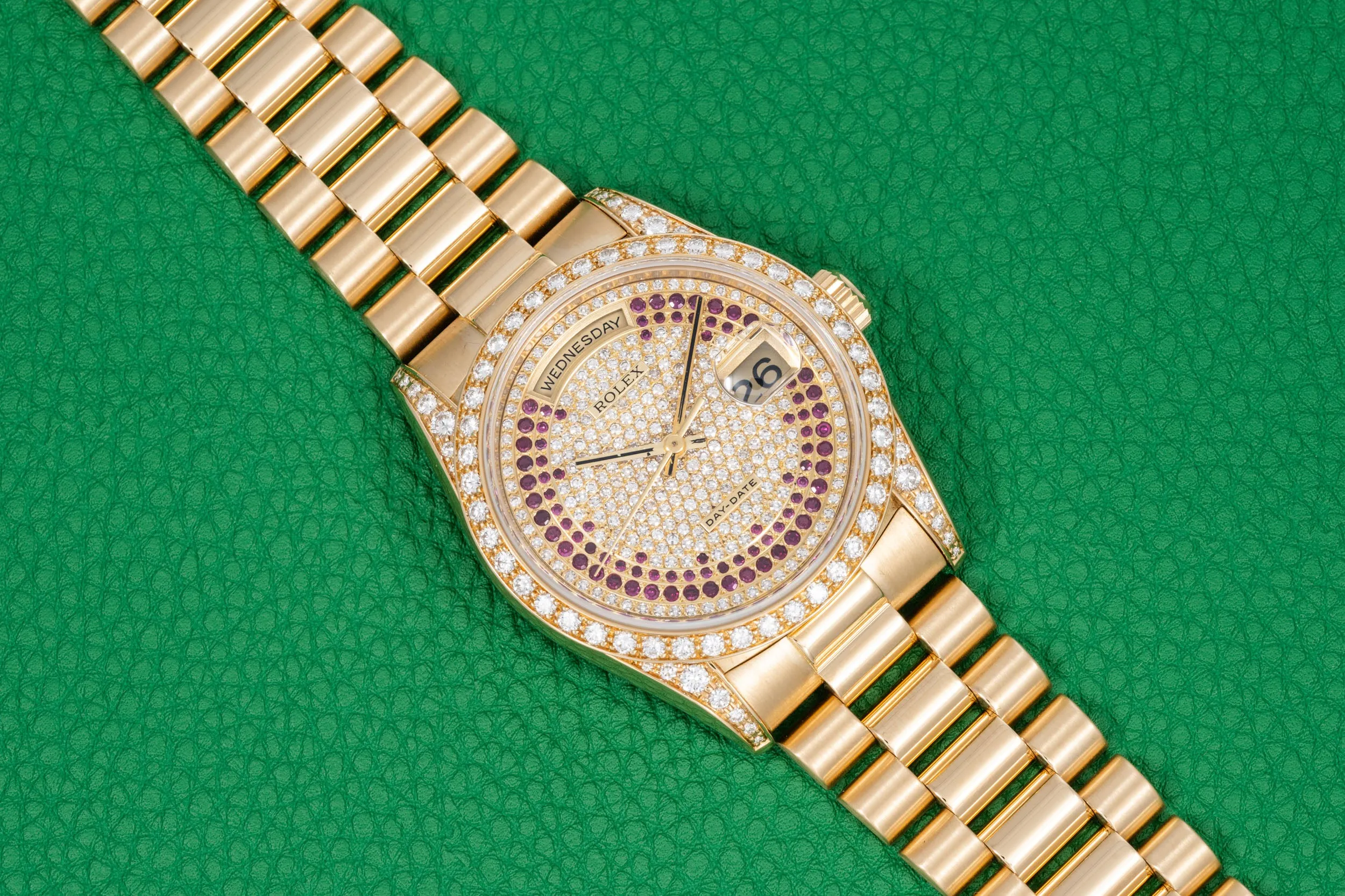 Rolex Day-Date 'Pave Diamond Ruby String Dial'