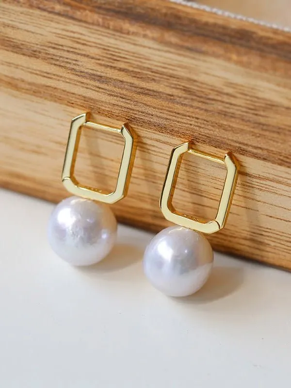 Round Baroque Pearl Square Hoops Earrings