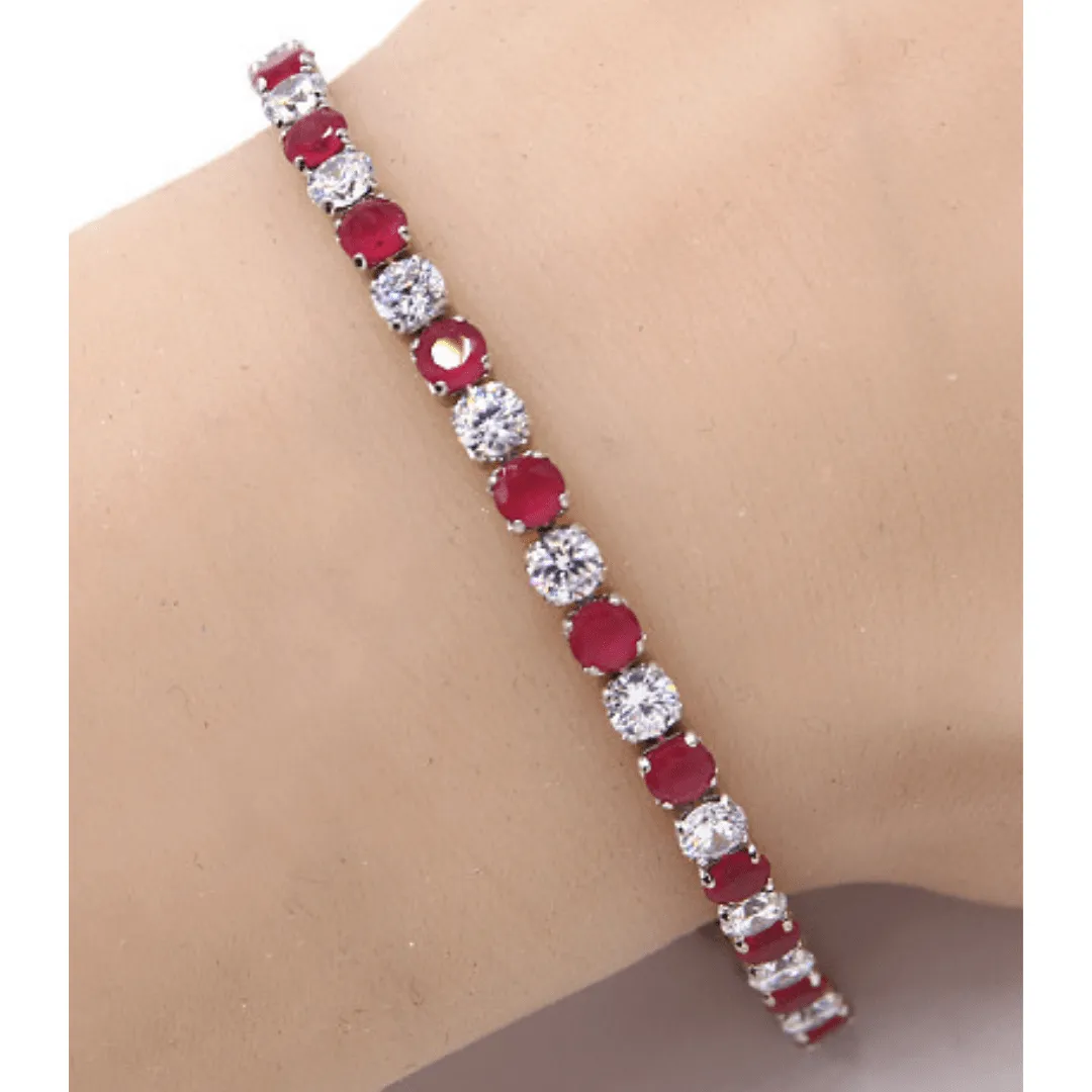 Ruby Red & Clear CZ Tennis Bracelet In Silver