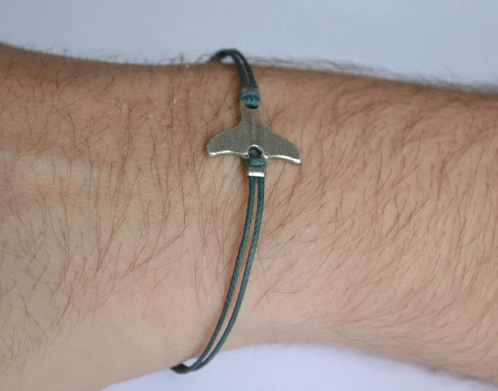 Silver whale tail's bracelet for men, blue cord