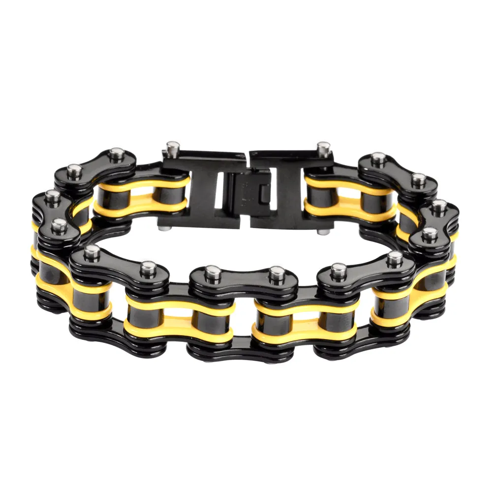 SK1132 3/4" Wide Two Tone Black Yellow Double Link Design Unisex Stainless Steel Motorcycle Chain Bracelet