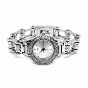 SK1143D Watch Ladies 3/4" Wide Double Roller Bike Chain Bracelet Stainless Steel