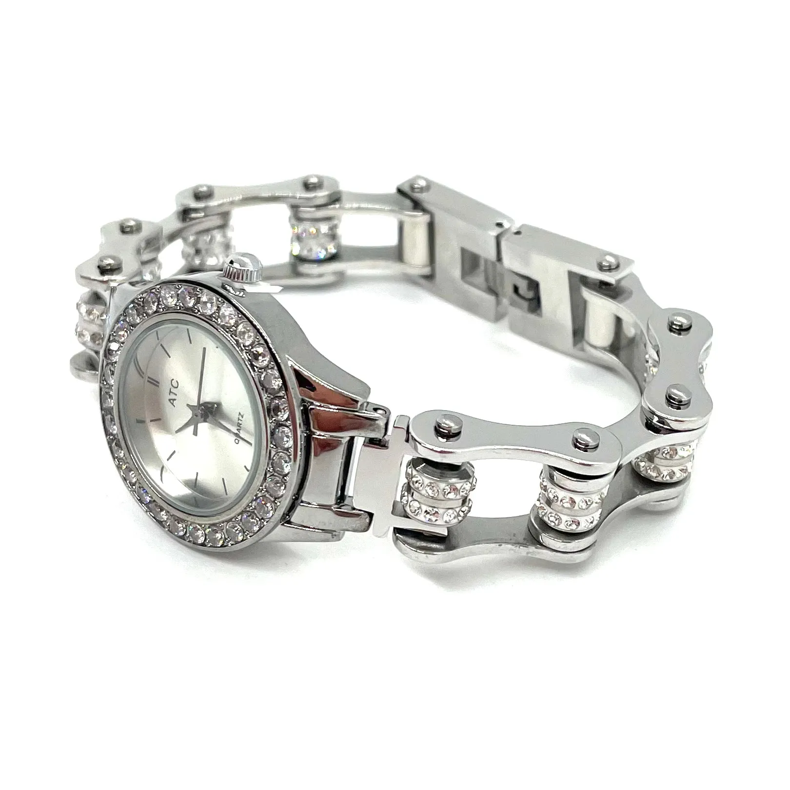 SK1143D Watch Ladies 3/4" Wide Double Roller Bike Chain Bracelet Stainless Steel