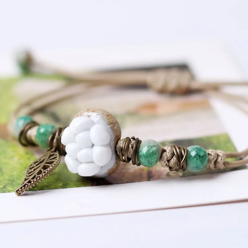 Small fresh pastoral style hand pinched four-leaf clover succulent Bracelet female summer trend female color clay bracelet beads five-color succulent flower