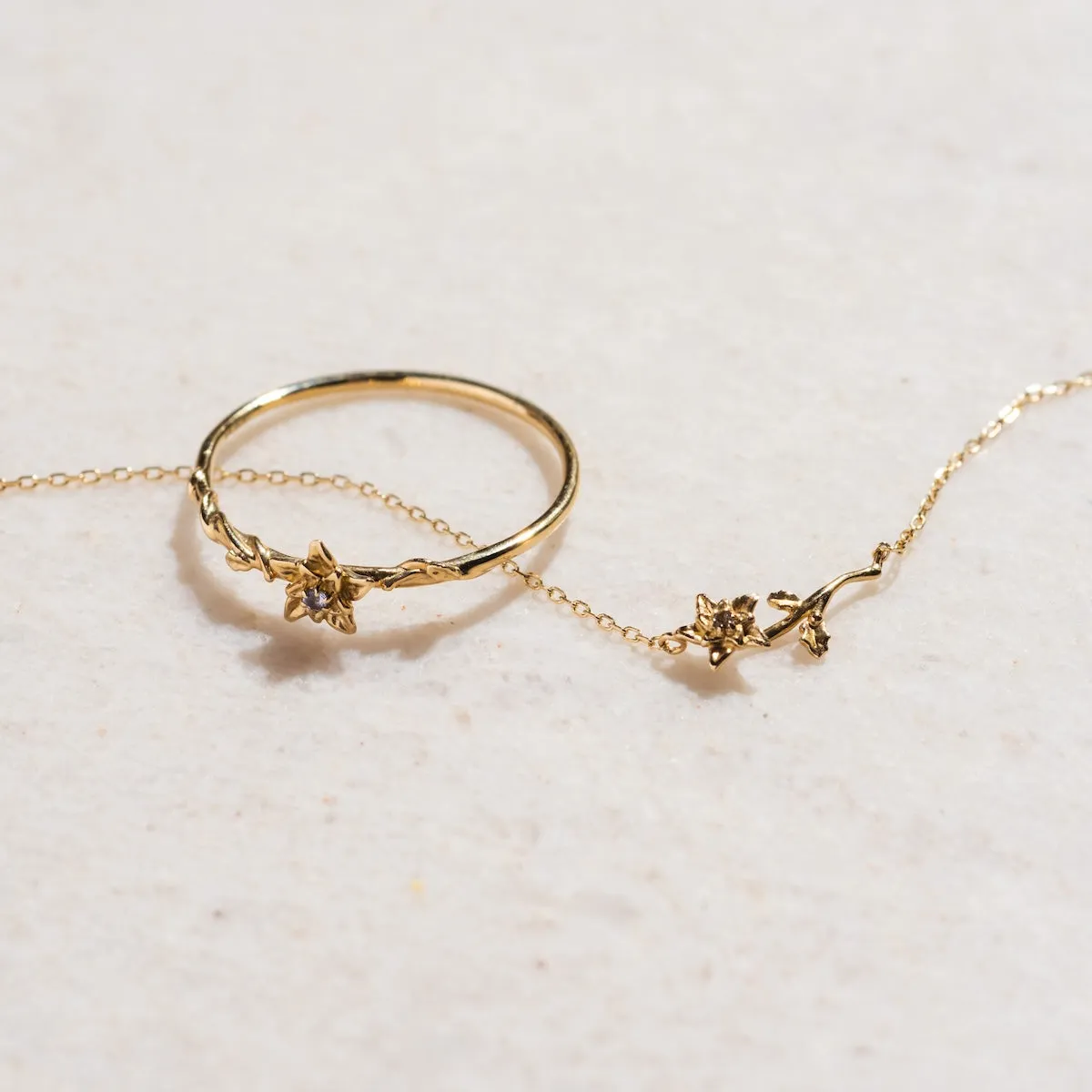 Solid Gold Birth Flower Ring and Necklace Gift Set