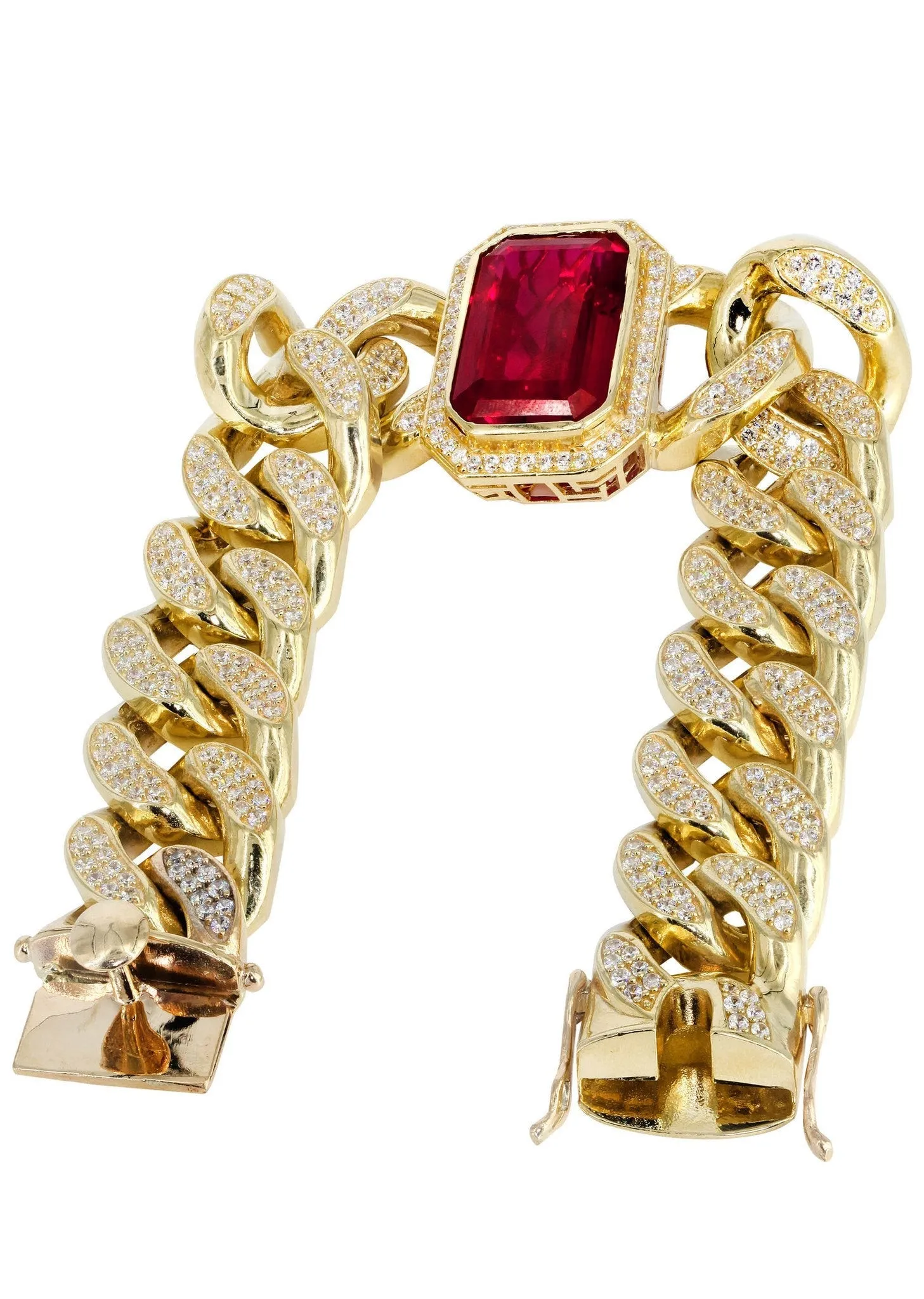 Solid Mens Ruby Miami Cuban Link Bracelet 10K Yellow Gold